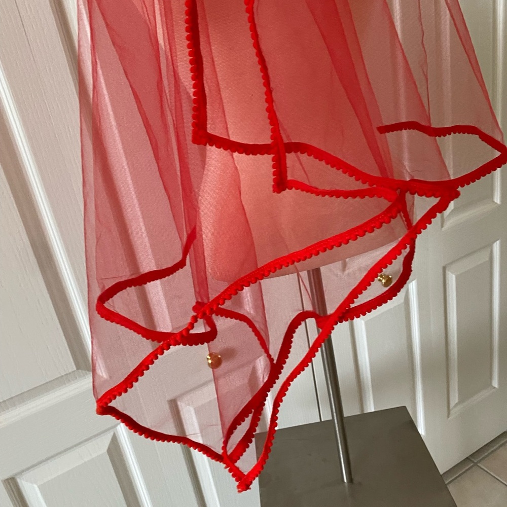 Sheer Red Lace-Trim Pom Pom shawl scarf dupatta